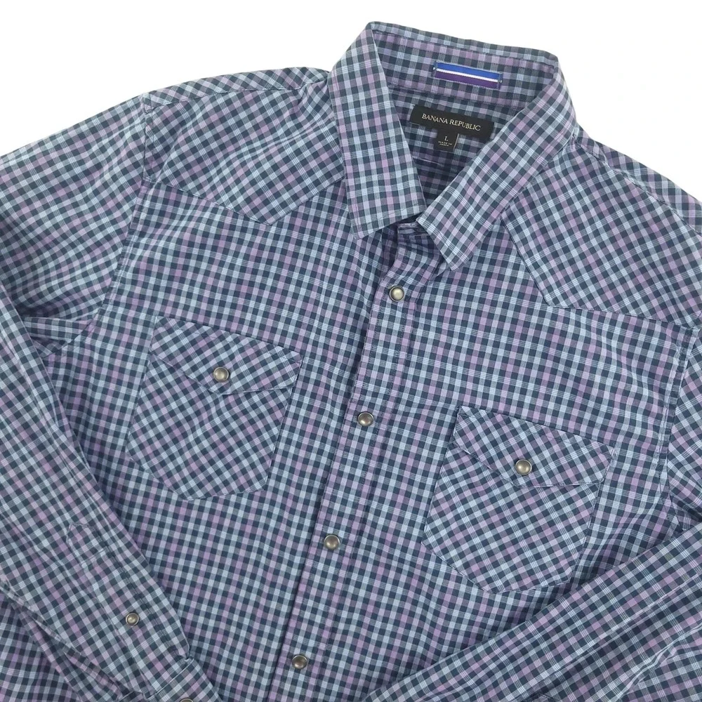 Banana Republic Shirt Mens L Blue Check Long Sleeve Snap Western Stretch Casual